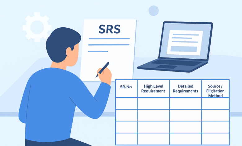 تصميم توضيحي بأسلوب مسطح لمحلل أعمال يعمل على تنظيم وربط المتطلبات في وثيقة SRS ضمن قسم Cross Reference بعد مرحلة جمع وتحليل المتطلبات.