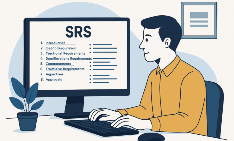 رسم توضيحي مسطح يُظهر محلل نظم يعمل على وثيقة متطلبات البرمجيات SRS في بيئة تقنية، مع عناصر تمثل التخطيط والتوثيق والتحليل.
